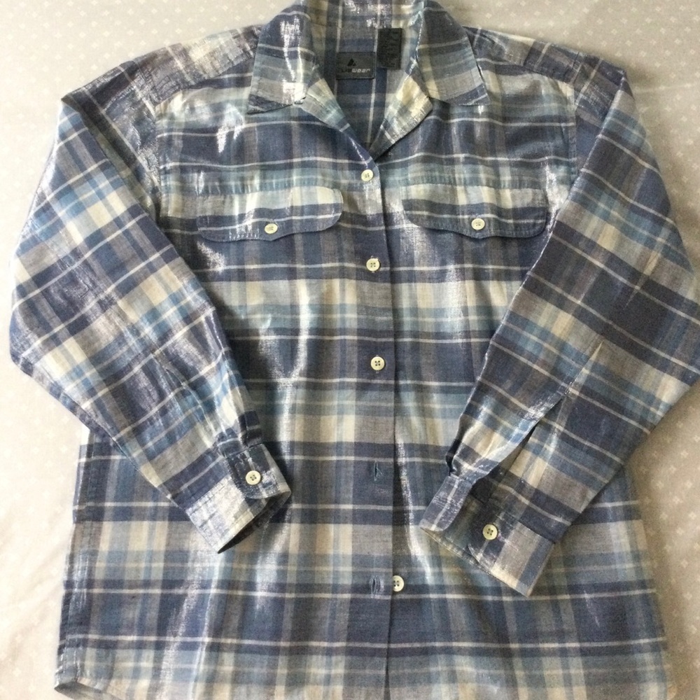 Woman Blue and White Plaid Button-Up Shirt